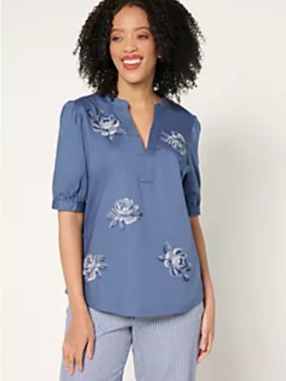 BEAUTIFUL by Lawrence Zarian Split Neck Embroidered Puff-Sleeve Top Size XL